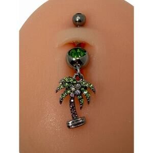 Palm Tree Surgical Steel Belly Barbell Green Rhinestone Body Piercing Jewelry